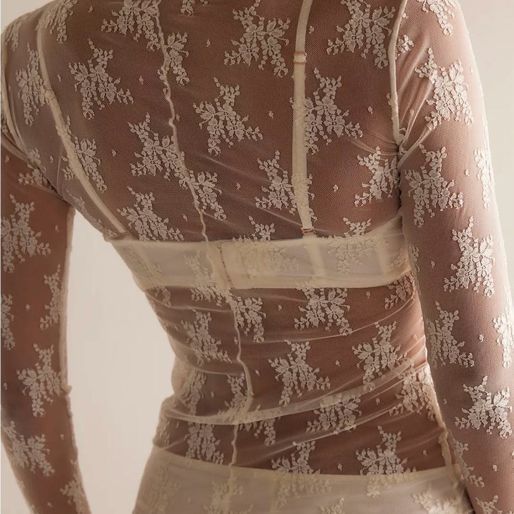 Free People Lady Lux Layering Top Sheer Lace Long Sleeve Top in Evening Cream - Picture 6 of 6